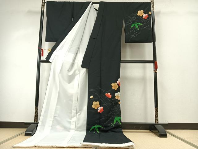 平和屋着物●お引きずり・お引き摺り・訪問着　和装　結婚式　舞妓　芸妓　芸者　衣装　松竹梅　黒地　金彩　AABH9592ck