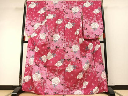 平和屋着物●小振袖　二尺袖　草花文　金彩　洗える着物　AABD0695fy