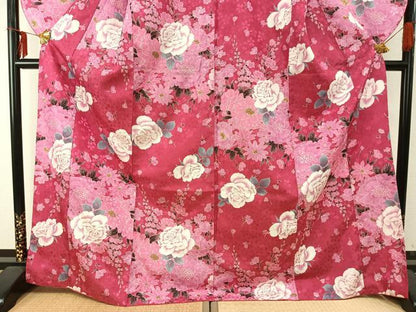 平和屋着物●小振袖　二尺袖　草花文　金彩　洗える着物　AABD0695fy