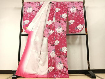 平和屋着物●小振袖　二尺袖　草花文　金彩　洗える着物　AABD0695fy