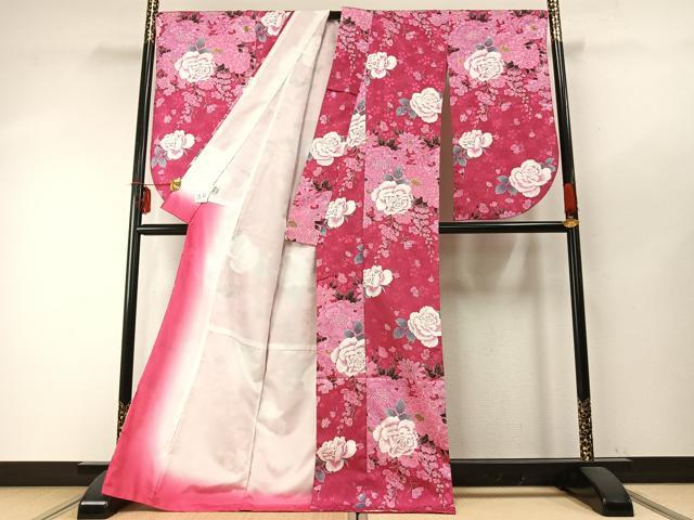 平和屋着物●小振袖　二尺袖　草花文　金彩　洗える着物　AABD0695fy
