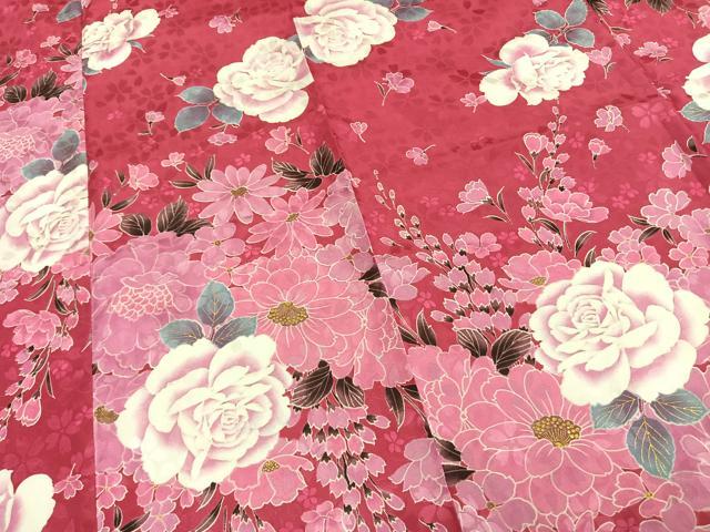 平和屋着物●小振袖　二尺袖　草花文　金彩　洗える着物　AABD0695fy