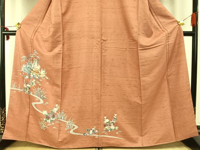 平和屋着物●訪問着　友禅　紬地　風景草花文　正絹　逸品　AABD0710fy