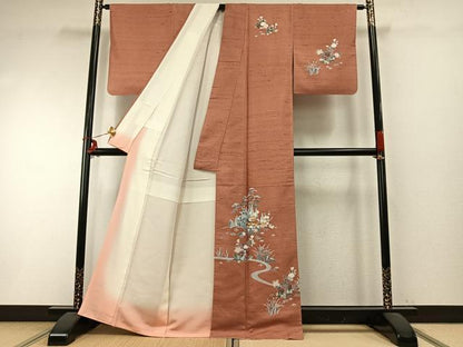 平和屋着物●訪問着　友禅　紬地　風景草花文　正絹　逸品　AABD0710fy
