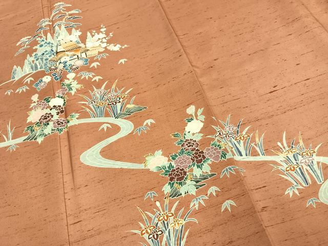 平和屋着物●訪問着　友禅　紬地　風景草花文　正絹　逸品　AABD0710fy