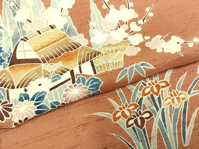 平和屋着物●訪問着　友禅　紬地　風景草花文　正絹　逸品　AABD0710fy