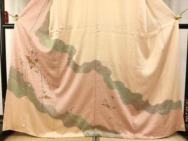 平和屋着物●訪問着　駒刺繍　扇面花文　金彩　正絹　逸品　AABD0739fy