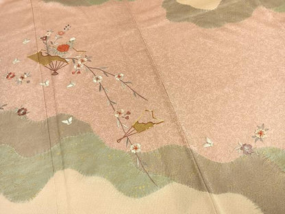 平和屋着物●訪問着　駒刺繍　扇面花文　金彩　正絹　逸品　AABD0739fy
