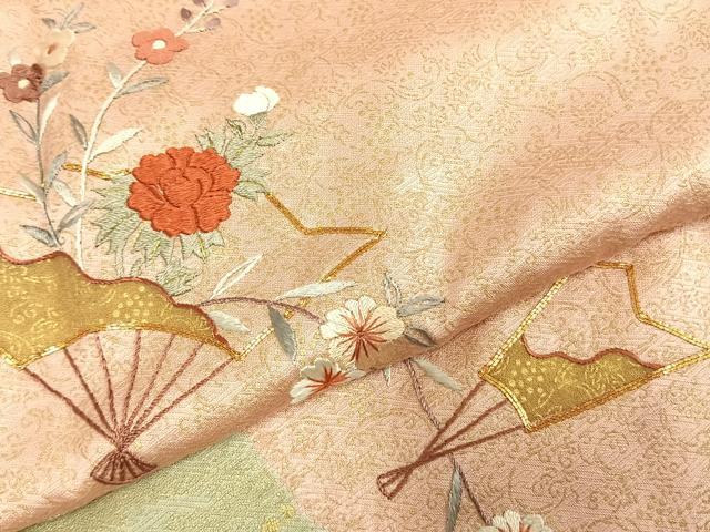 平和屋着物●訪問着　駒刺繍　扇面花文　金彩　正絹　逸品　AABD0739fy
