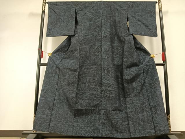 平和屋着物▽結城紬 単衣 100亀甲 色紙重ね文 正絹 逸品 AABD0756fy