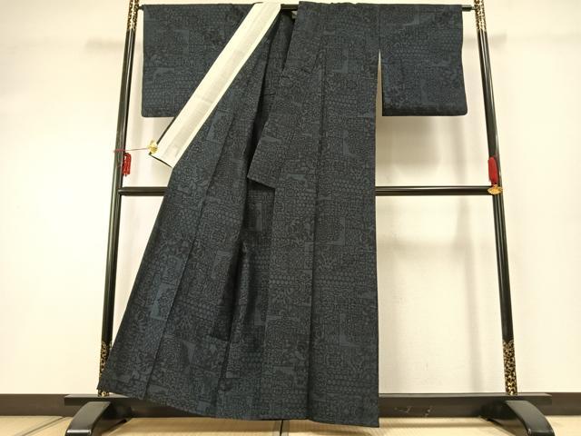 平和屋着物▽結城紬 単衣 100亀甲 色紙重ね文 正絹 逸品 AABD0756fy