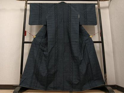平和屋着物●結城紬　100亀甲　間道　正絹　逸品　AABD0768ph