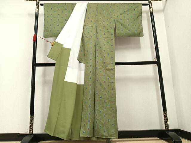 平和屋着物●上質な小紋 紬地 型染め 舞花文 油色地 正絹 逸品 AABD0805ph