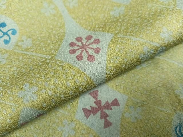 平和屋着物●上質な小紋 紬地 型染め 舞花文 油色地 正絹 逸品 AABD0805ph