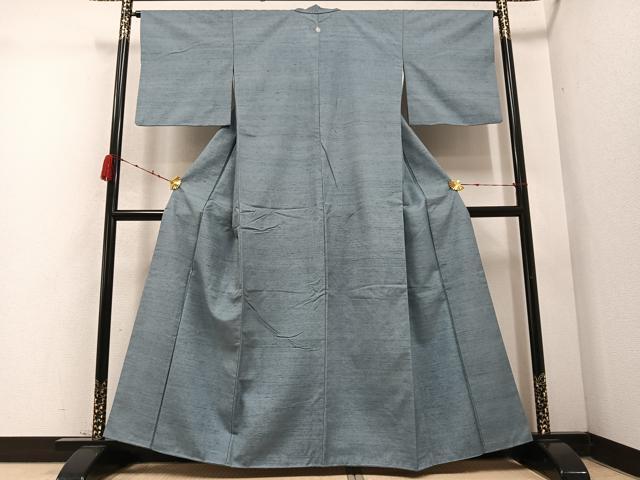 平和屋着物●上質な紬 色無地 灰青色 正絹 逸品 AABD0828ph