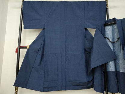 平和屋着物●男性　紬　アンサンブル　色無地　青褐色　正絹　逸品　AABD0851ck