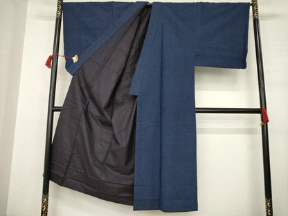 平和屋着物●男性　紬　アンサンブル　色無地　青褐色　正絹　逸品　AABD0851ck