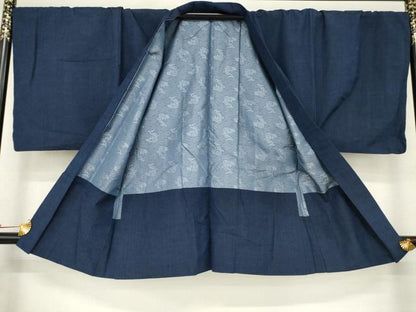 平和屋着物●男性　紬　アンサンブル　色無地　青褐色　正絹　逸品　AABD0851ck