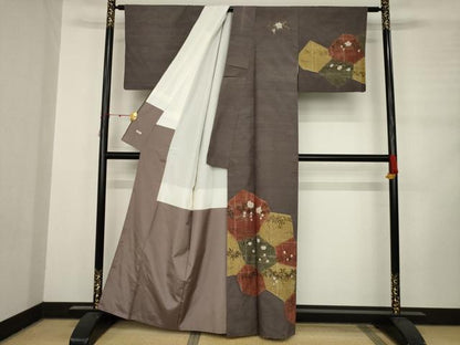 平和屋着物●訪問着　紬地　草花文　金銀彩　正絹　逸品　AABD0878ck