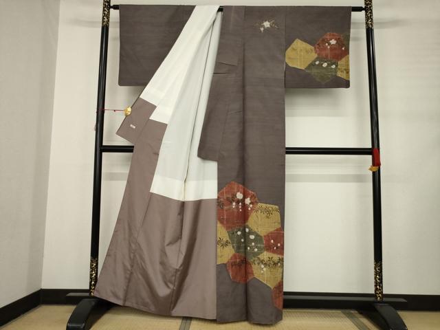 平和屋着物●訪問着　紬地　草花文　金銀彩　正絹　逸品　AABD0878ck