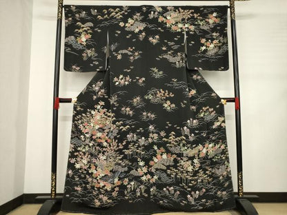 平和屋着物●訪問着 風景花籬文 黒地 金彩 鬼しぼ縮緬 正絹 逸品 AABD0919ck