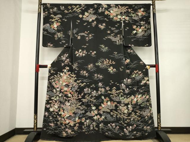 平和屋着物●訪問着 風景花籬文 黒地 金彩 鬼しぼ縮緬 正絹 逸品 AABD0919ck