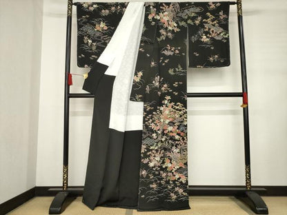 平和屋着物●訪問着 風景花籬文 黒地 金彩 鬼しぼ縮緬 正絹 逸品 AABD0919ck
