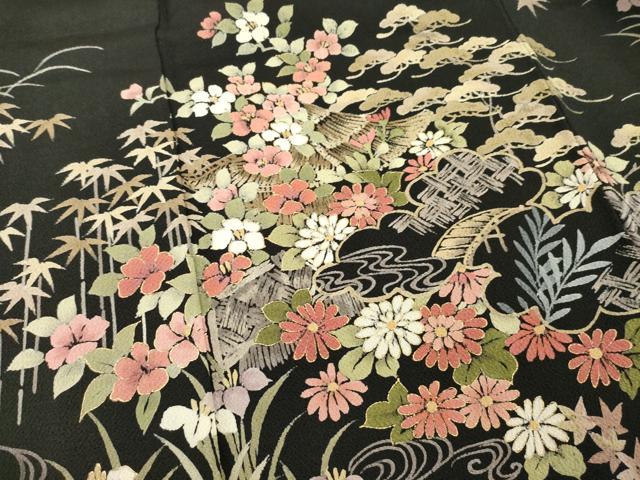 平和屋着物●訪問着 風景花籬文 黒地 金彩 鬼しぼ縮緬 正絹 逸品 AABD0919ck