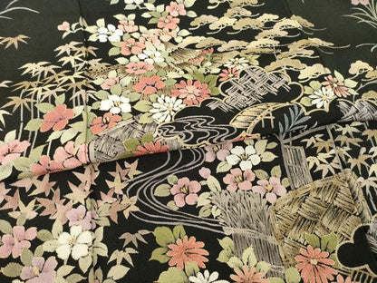 平和屋着物●訪問着 風景花籬文 黒地 金彩 鬼しぼ縮緬 正絹 逸品 AABD0919ck