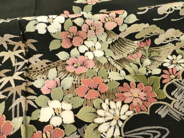 平和屋着物●訪問着 風景花籬文 黒地 金彩 鬼しぼ縮緬 正絹 逸品 AABD0919ck