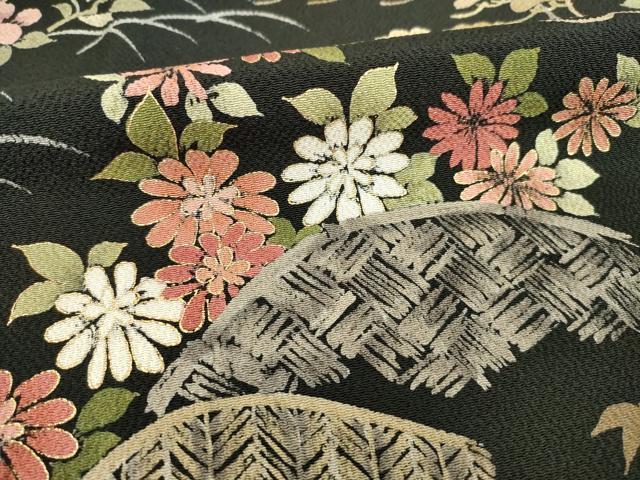 平和屋着物●訪問着 風景花籬文 黒地 金彩 鬼しぼ縮緬 正絹 逸品 AABD0919ck
