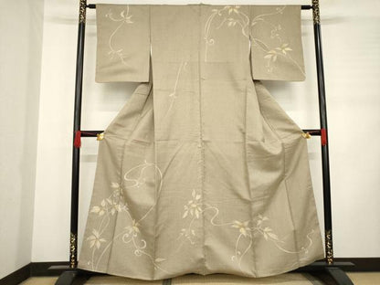 平和屋着物●訪問着　紬地　市松綾織　花蔦草文　正絹　逸品　AABD0923ck