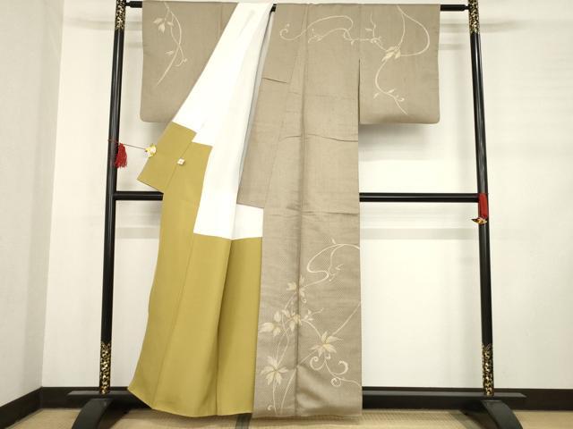 平和屋着物●訪問着　紬地　市松綾織　花蔦草文　正絹　逸品　AABD0923ck