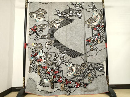 平和屋着物●豪華振袖 総絞り 飛鶴吉祥花文 黒地 金彩 正絹 逸品 AABD0933ck