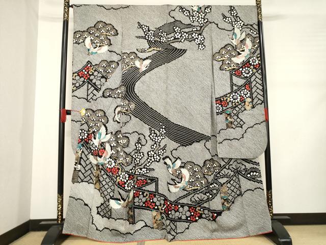 平和屋着物●豪華振袖 総絞り 飛鶴吉祥花文 黒地 金彩 正絹 逸品 AABD0933ck
