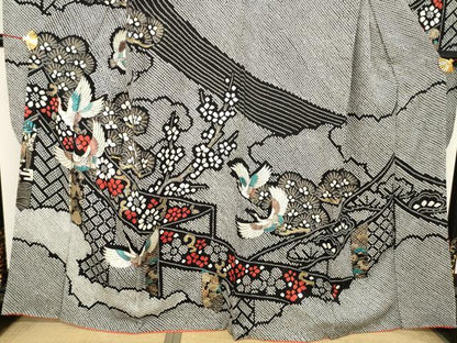 平和屋着物●豪華振袖 総絞り 飛鶴吉祥花文 黒地 金彩 正絹 逸品 AABD0933ck