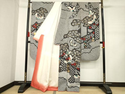 平和屋着物●豪華振袖 総絞り 飛鶴吉祥花文 黒地 金彩 正絹 逸品 AABD0933ck