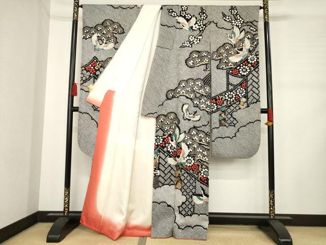 平和屋着物●豪華振袖 総絞り 飛鶴吉祥花文 黒地 金彩 正絹 逸品 AABD0933ck