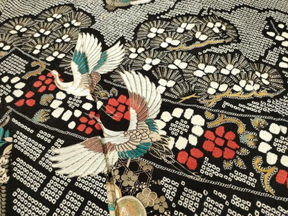 平和屋着物●豪華振袖 総絞り 飛鶴吉祥花文 黒地 金彩 正絹 逸品 AABD0933ck
