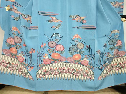 平和屋着物●本場琉球紅型　振袖　飛鶴花籬文　正絹　逸品　AABD0958ck