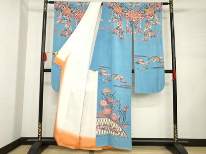 平和屋着物●本場琉球紅型　振袖　飛鶴花籬文　正絹　逸品　AABD0958ck