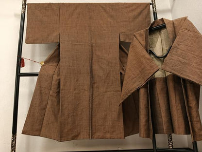 平和屋着物●男性　紬　アンサンブル　色無地　灰茶色　正絹　逸品　AABD0983ph