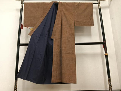 平和屋着物●男性　紬　アンサンブル　色無地　灰茶色　正絹　逸品　AABD0983ph