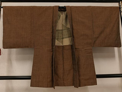平和屋着物●男性　紬　アンサンブル　色無地　灰茶色　正絹　逸品　AABD0983ph