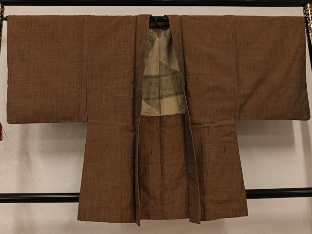 平和屋着物●男性　紬　アンサンブル　色無地　灰茶色　正絹　逸品　AABD0983ph