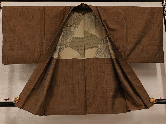 平和屋着物●男性　紬　アンサンブル　色無地　灰茶色　正絹　逸品　AABD0983ph