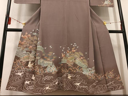 平和屋着物●訪問着 松竹梅風景文 群れ鳥 暈し染め 金彩 正絹 逸品 AABD0987ph
