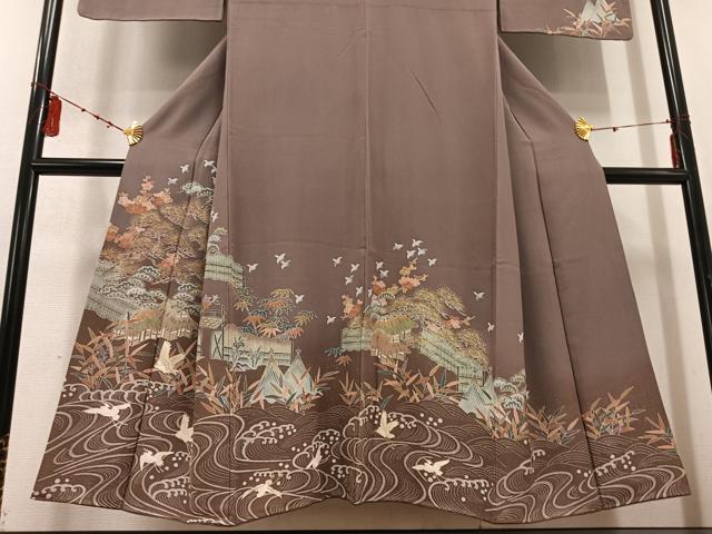 平和屋着物●訪問着 松竹梅風景文 群れ鳥 暈し染め 金彩 正絹 逸品 AABD0987ph