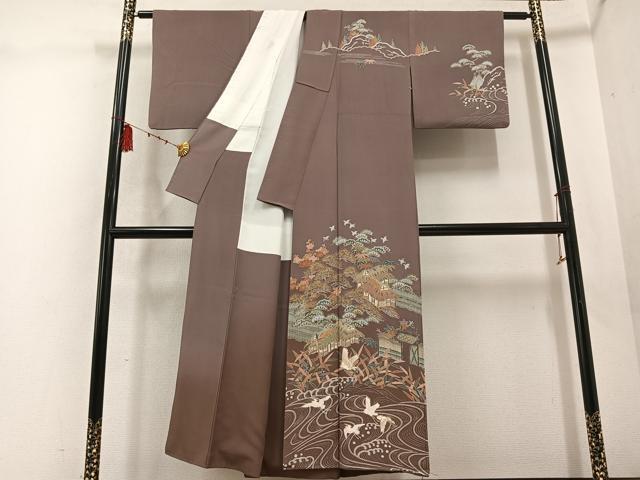 平和屋着物●訪問着 松竹梅風景文 群れ鳥 暈し染め 金彩 正絹 逸品 AABD0987ph