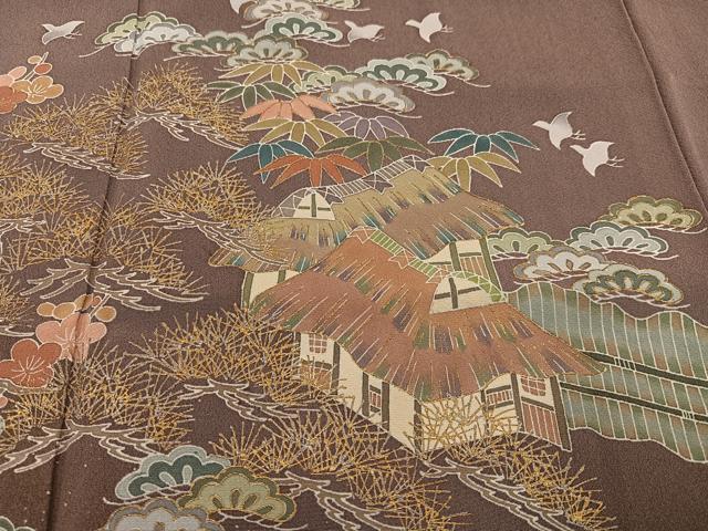 平和屋着物●訪問着 松竹梅風景文 群れ鳥 暈し染め 金彩 正絹 逸品 AABD0987ph
